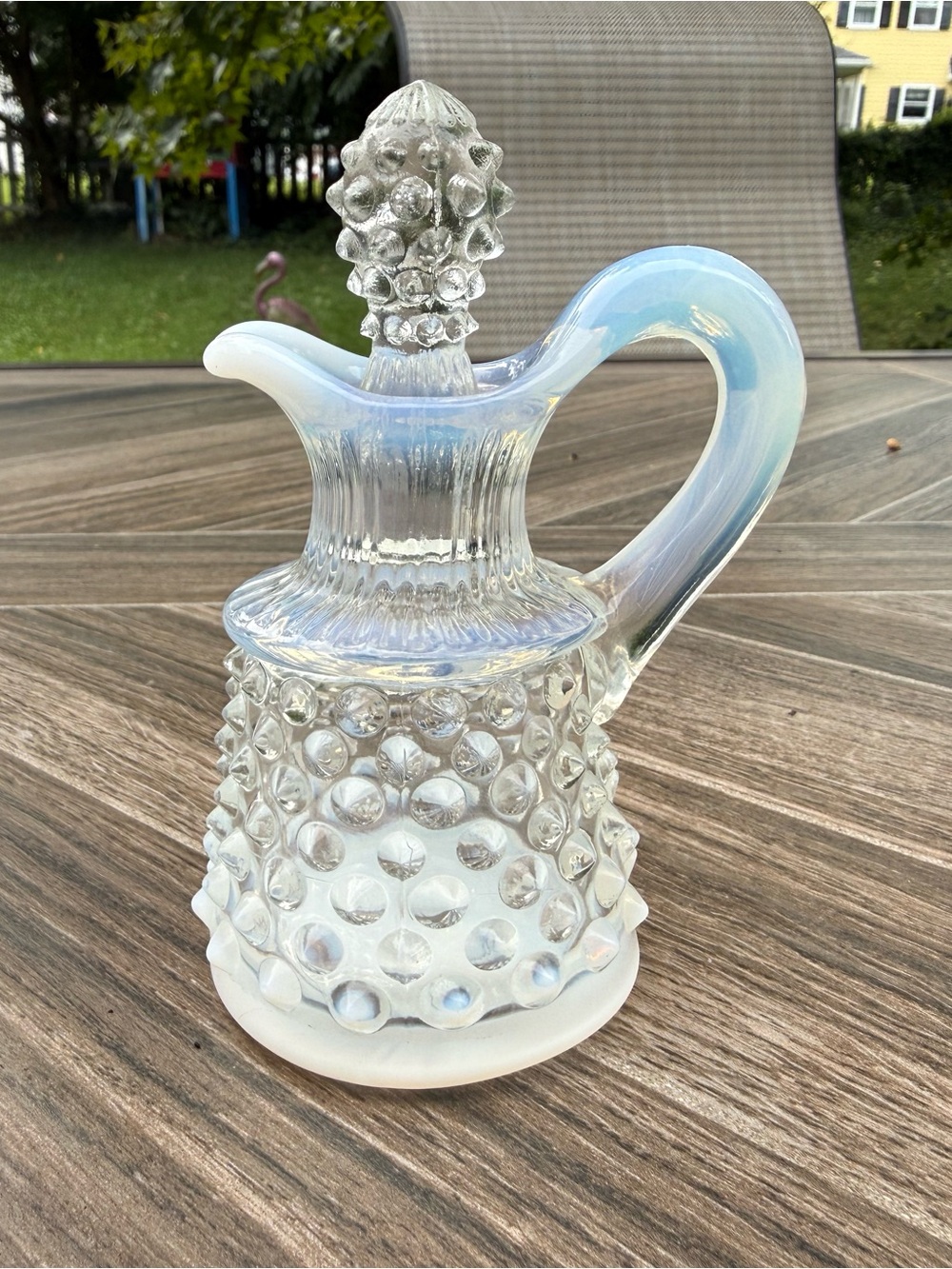 Vintage Fenton Moonstone Opalescent Hobnail Glass Cruet with Stopper